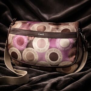 EUC COACH MESSENGER SATEEN Purple & Brown Circle Print Large Bag